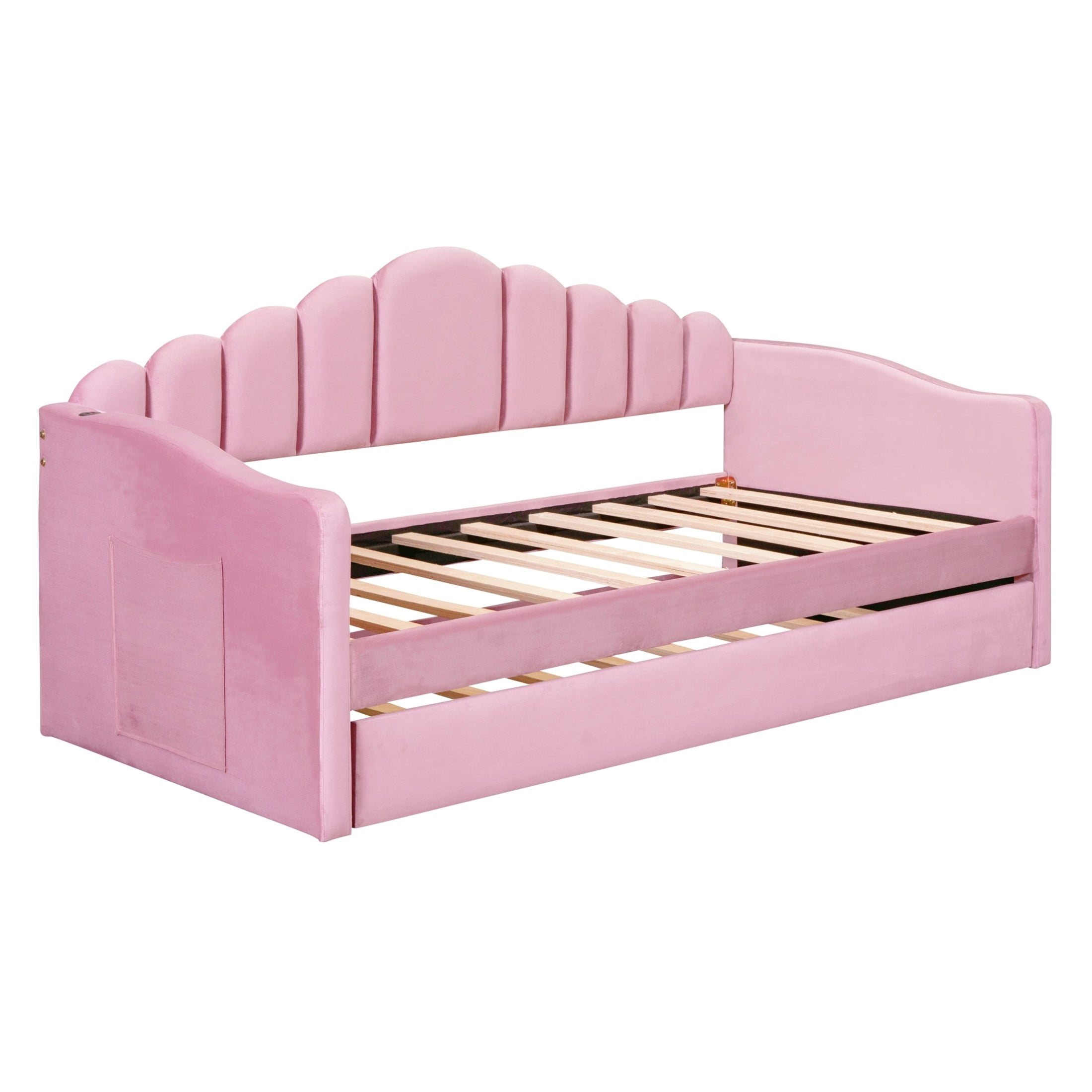Noble House Twin Upholstered Daybed with Trundle and USB Charging Ports, Velvet Sofa Bed, Pink
