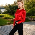 thumbnail image 6 of Women's Satin Long Sleeve Blouse with Buttoned Cuffs and Subtle Puff Shoulders - X Large, Red, 6 of 7
