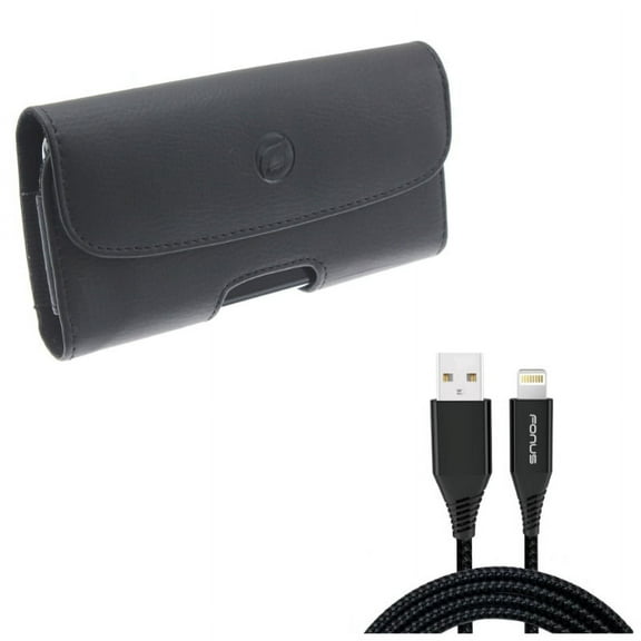 Leather Case Belt Clip w Charger Cord 10ft USB Cable for iPhone XS Max/8 PLUS/7 Plus/6S Plus/6 Plus - Holster Cover Loops Pouch Carry and Power Wire Braided Long Sync