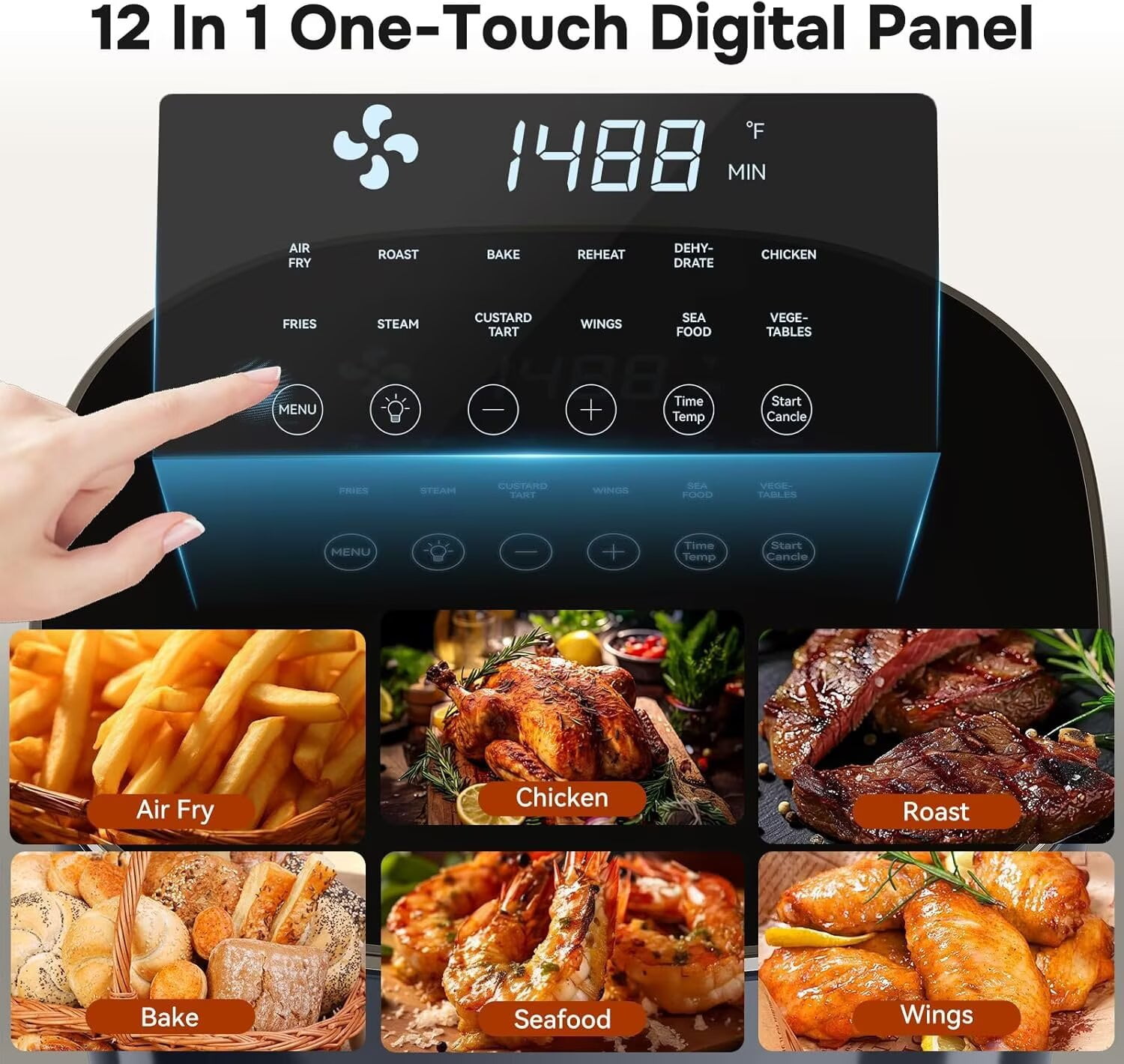 QUIOCOZY 12-in-1 Digital Air Fryer, 6.3 Qt Large Capacity, Viewing Window, Nonstick Dishwasher-Safe Basket, 1700W, Gray