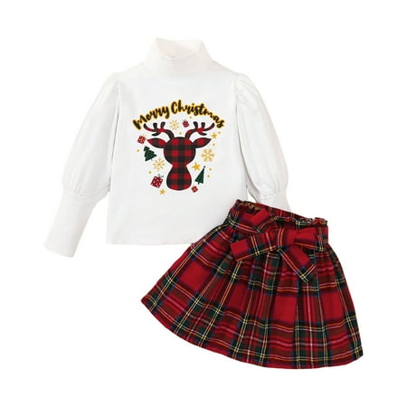 

Toddler Girls Outfits Holiday Outfits Kids Chiristmas Letters Deer Prints Flare Long Sleeves Romper Plaid Skirt Set Cloths Fall Girls Clothings 5 Years-6 Years