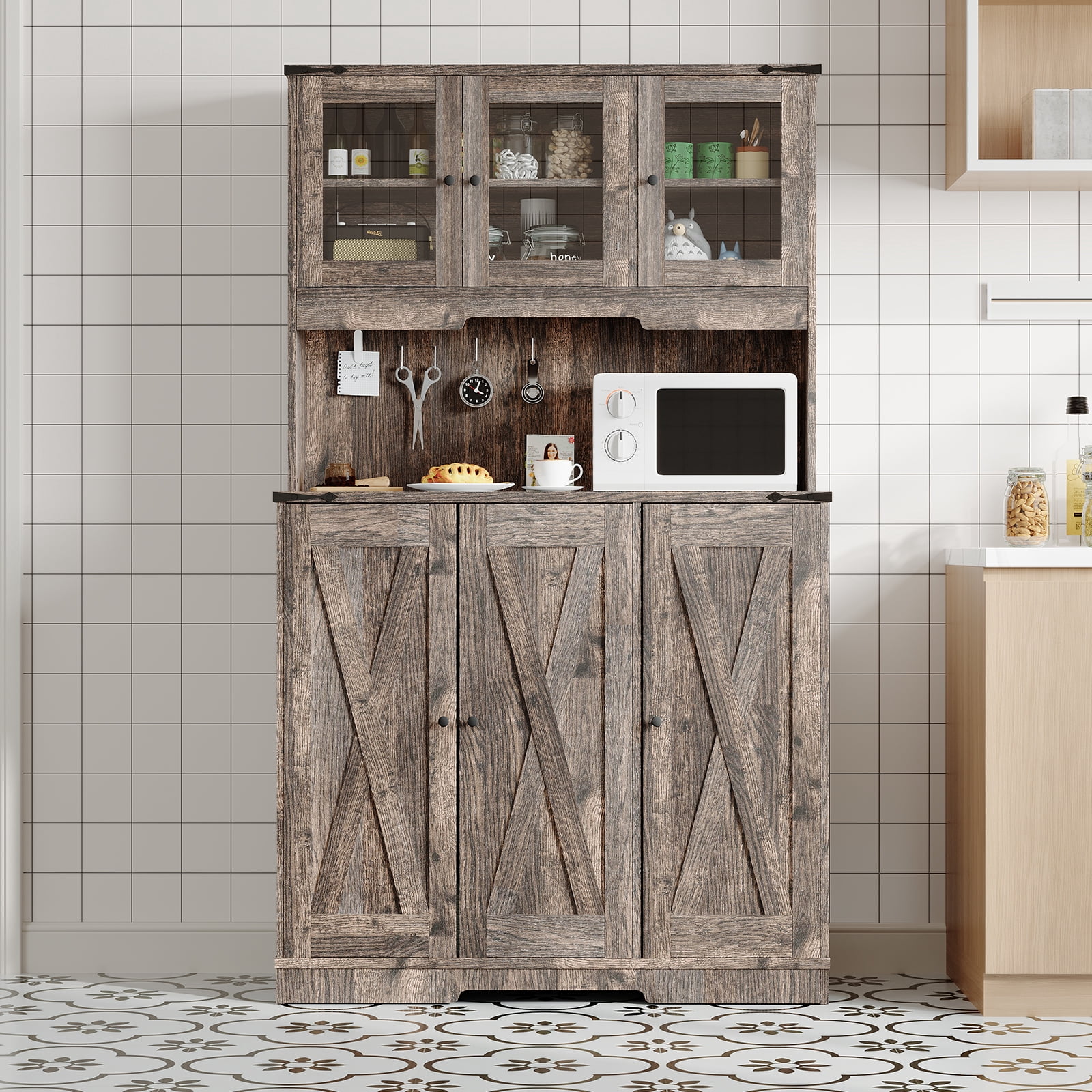 Brown Kitchen Pantry Cabinet with Charging Station – Farmhouse Freestanding Cupboard Storage with Countertop, Adjustable Shelves & Anti-Tip Design for Kitchen, Dining Room, or Living Room
