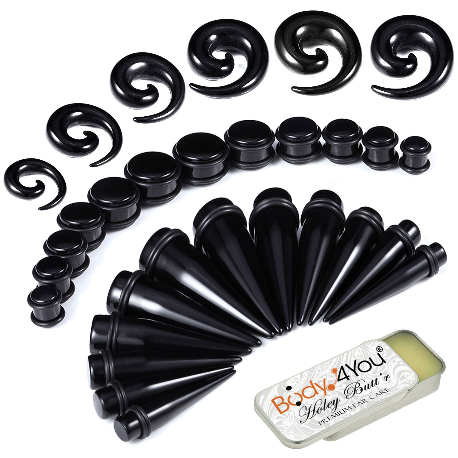 BodyJ4You 37PC Gauges Kit Ear Stretching Aftercare Balm 00G-20mm Turquoise Spiral Taper Plugs Set
