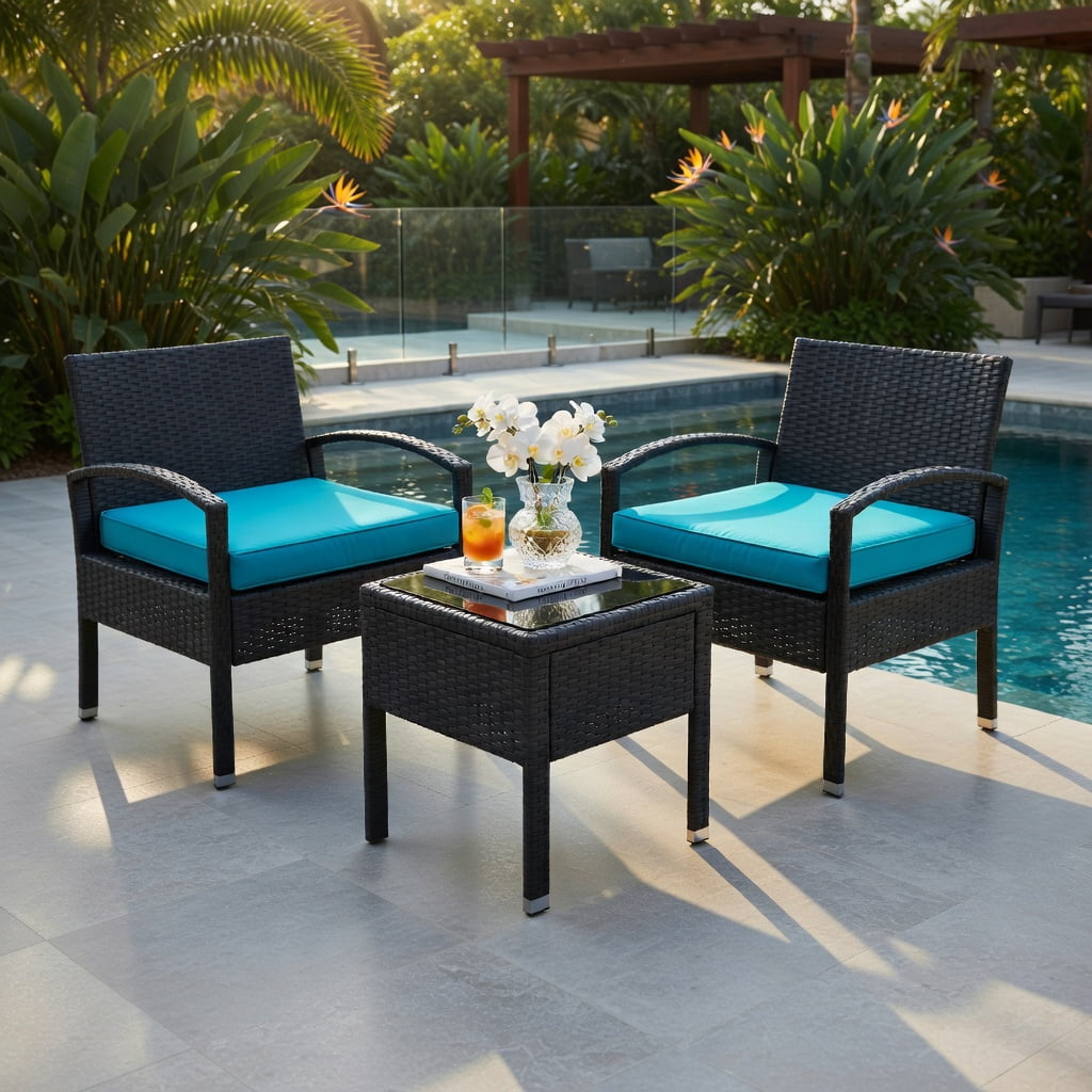 Hommoo 3-Piece Outdoor Rattan Patio Conversation Set, Wicker Chairs & Cushions with Tempered Glass Coffee Table, Turquoise