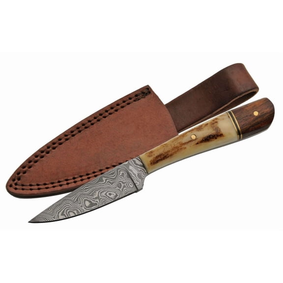 SANZ 7 Hunting Knife With Stag & Wood Handle, Damascus Steel Blade With Leather Sheath