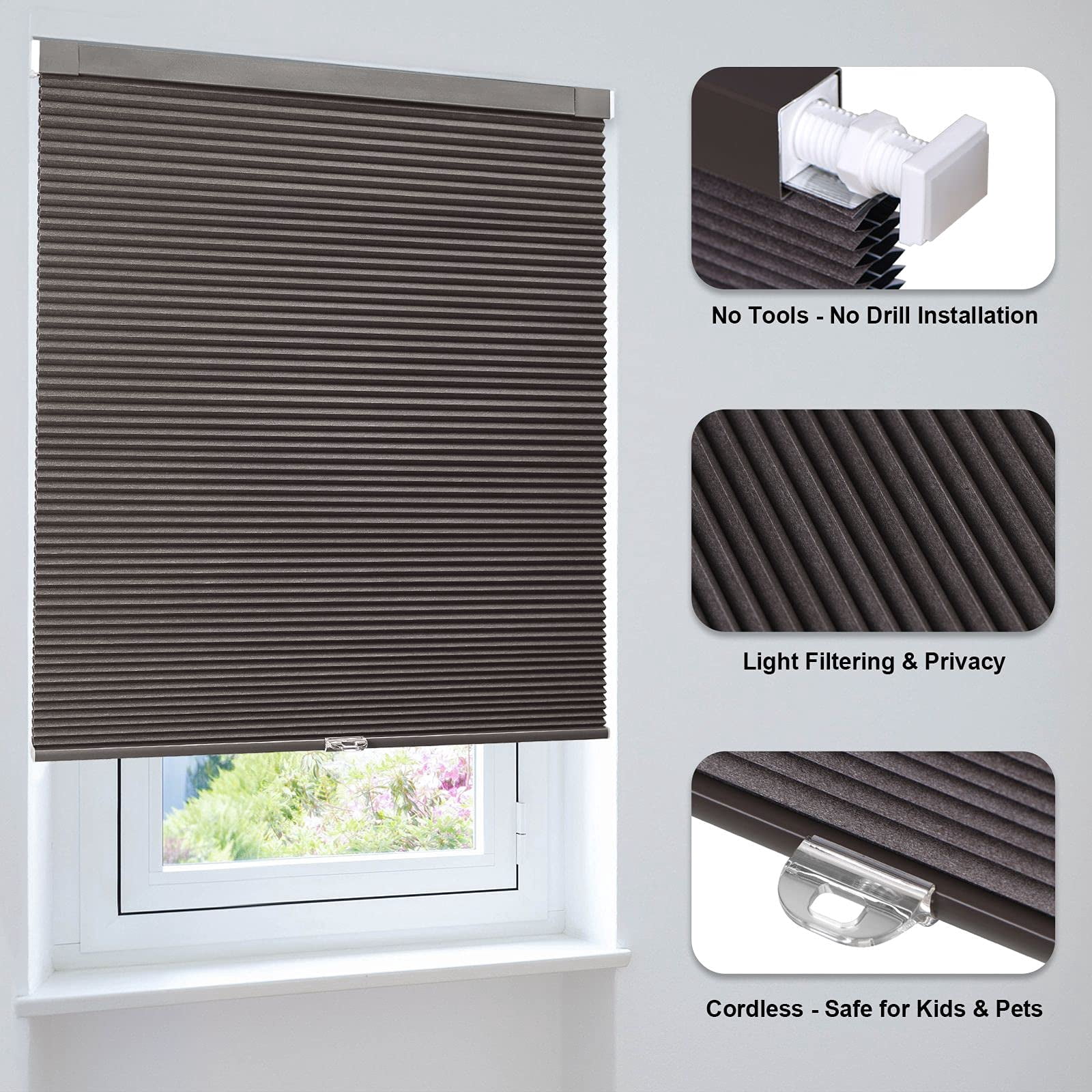 LazBlinds Cordless Cellular Shades, No Tools No Drill Blackout Honeycomb Shades Pleated Blinds for Windows, 26" W x 64" H, Dark Coffee
