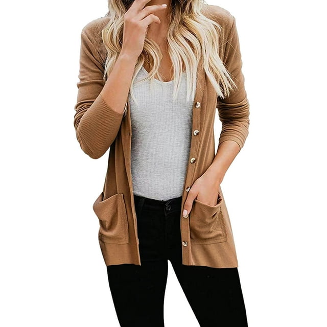 Manteau d'Hiver Automne pour Femmes Col Rond Tricoté Trench-Coat Chaud Uni Ouvert devant Cardigan Mode Mi-Long