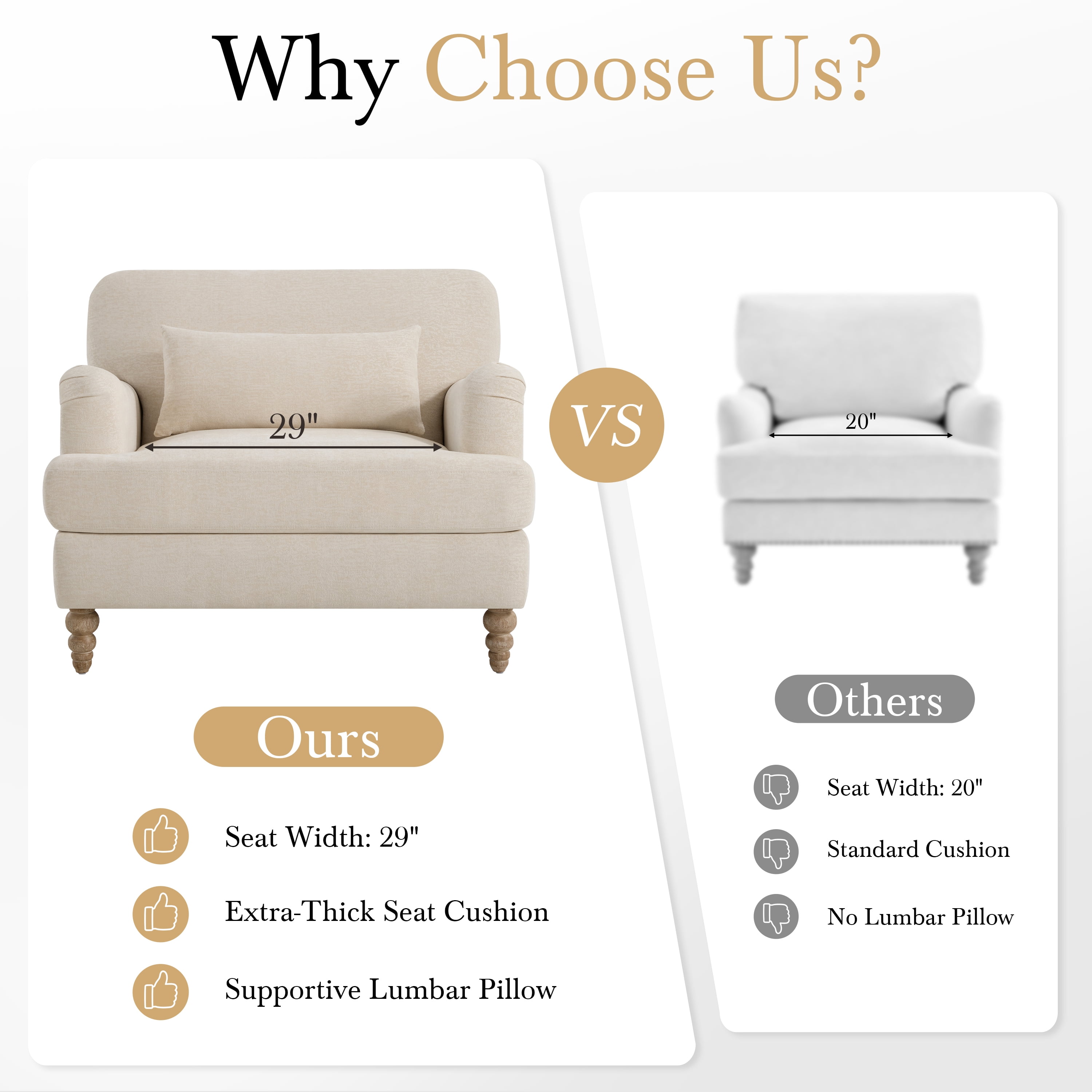 GARITIN Oversized Accent Chair 40.5 Inch, Modern Upholstered Armchair with Lumbar Pillow and Turned Wood Legs for Living Room, Beige