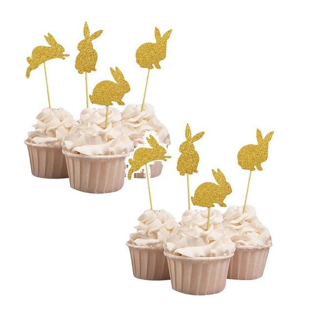 Oleegame 2PC Cake Toppers Easter Cute Bunny Decorated Cupcake Insert Card Dessert Party Gold