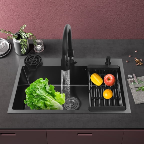 Single Bowl Kitchen Sink Pull-out Faucet with Drain Basket Filter Soap Dispenser