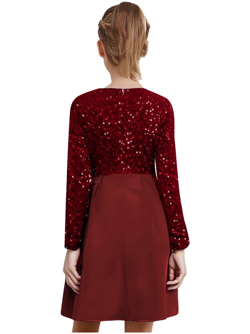 Hansber Girls Sequined Party Formal Dresses Kids Long Sleeve Wedding Graduation Birthday Holiday Dress Burgundy 16, Girl's, Brown