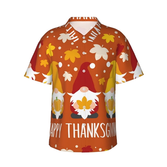 Fotbe Happy Thanksgiving Three Gnomes Camisa Hawaiana para Hombre Unisex – Camisa Casual de Verano con Botones de Manga Corta de Algodón y Lino,3X-Large