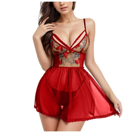 Yuhangmm Embroidery Lace Mesh Backless Nightdress Side Cut Short Skirt Sheer Lingerie Robe for Women