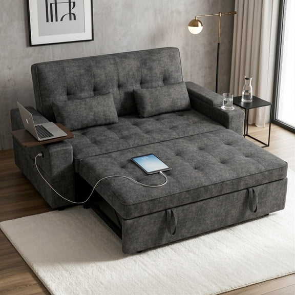 Howcool 65" Sleeper Sofa Bed, 3-in-1 Convertible Pull Out Couch Bed with Tray Table & Cup Holders, Chenille Loveseat Sofa with Adjustable Backrest for Living Room, Apartment(Dark Grey)