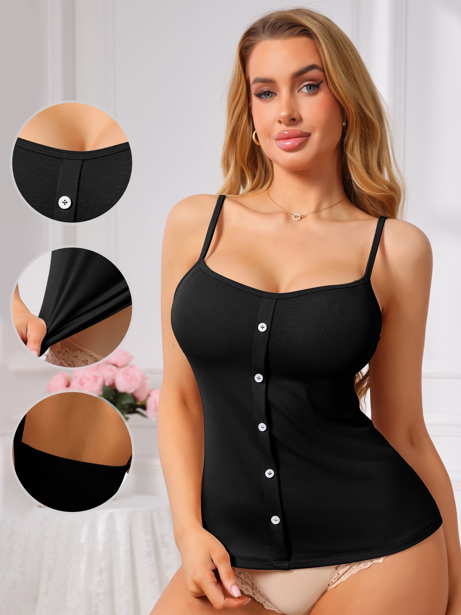 DARING DIVA Women's Button Down Sleeveless U-Neck Spaghetti Strap Camisoles X-Large Black