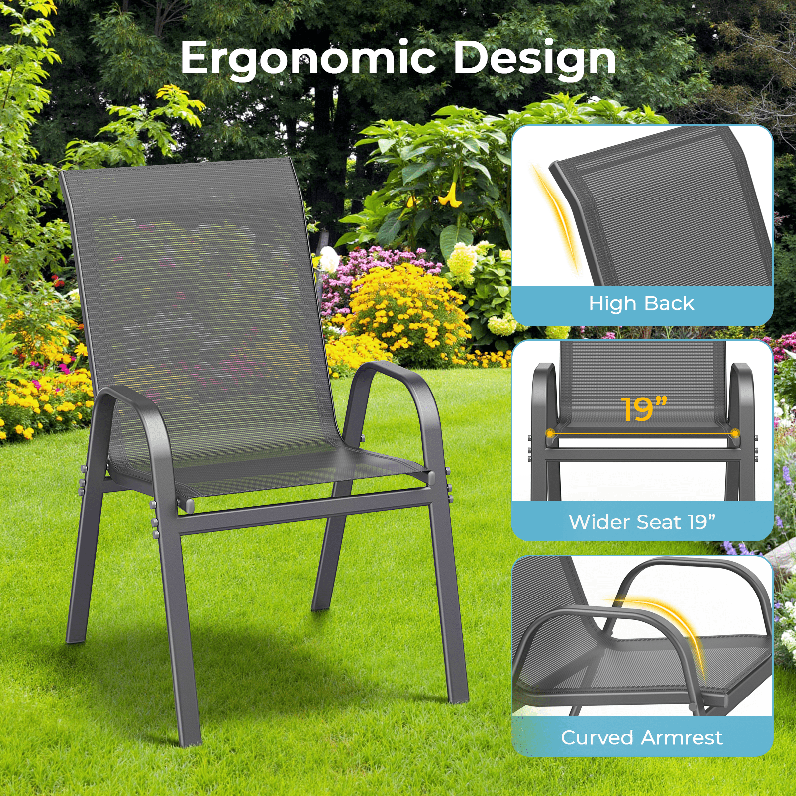 Vitarpatio Outdoor Patio Dining Chairs Set of 4, Stackable Patio Chairs Metal Outdoor Chairs High Back Textilene Armchairs