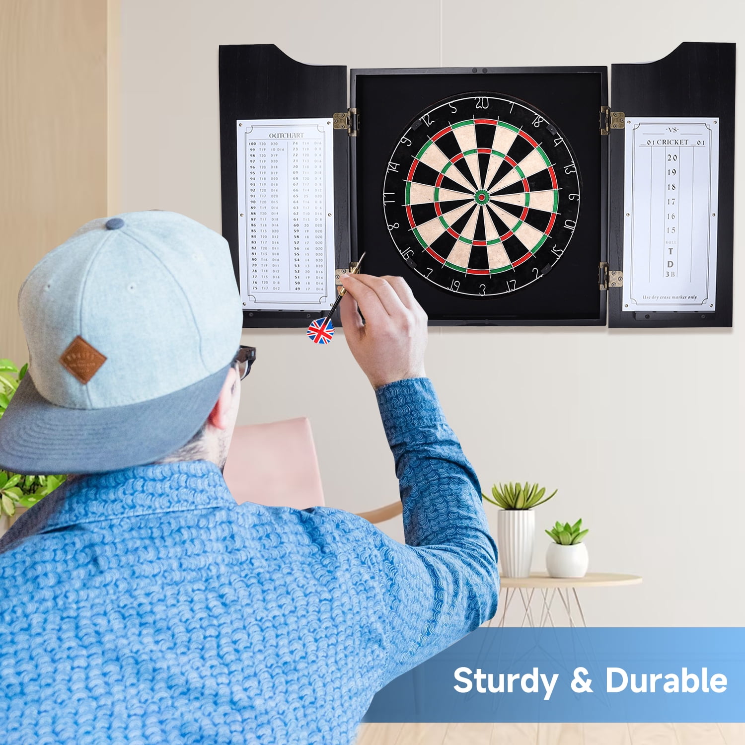 GSE Games & Sports Expert Solid Wood Dartboard Cabinet Set with Sisal Fiber Dartboard, Dart Scoreboard and 6 Steel Tip Darts for Target Game Indoor Game (Black)