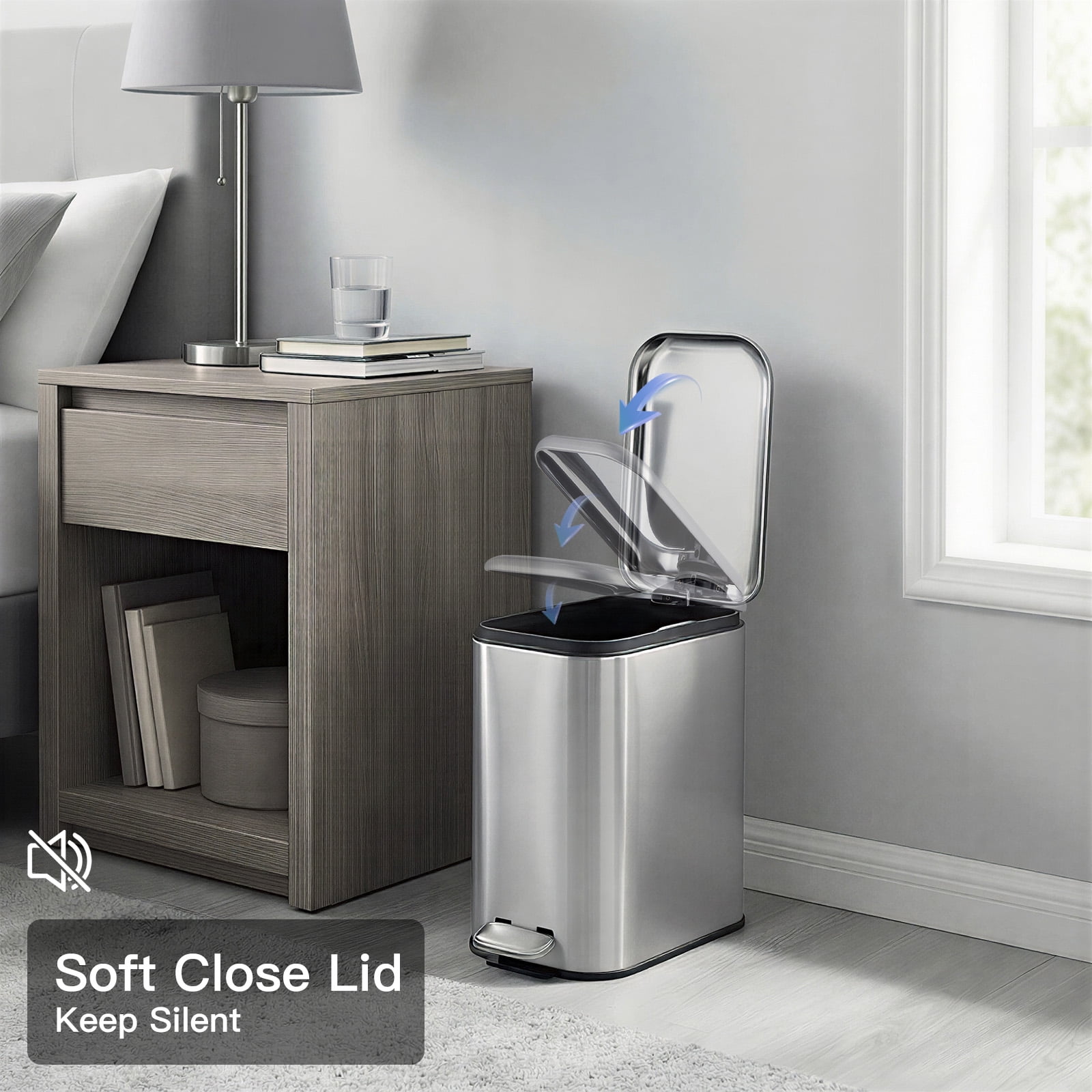 Bathroom Trash Can with Lid, 3.2 Gallon / 12 Liter Stainless Steel Garbage Can with Removable Liner Bucket, Small Step Wastebasket with Slim Design for Toilet Bedroom Office