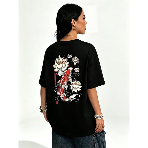 Women's Oversized Black T-Shirt with Koi Fish and Lotus Graphic, Loose Fit Streetwear Tee Top