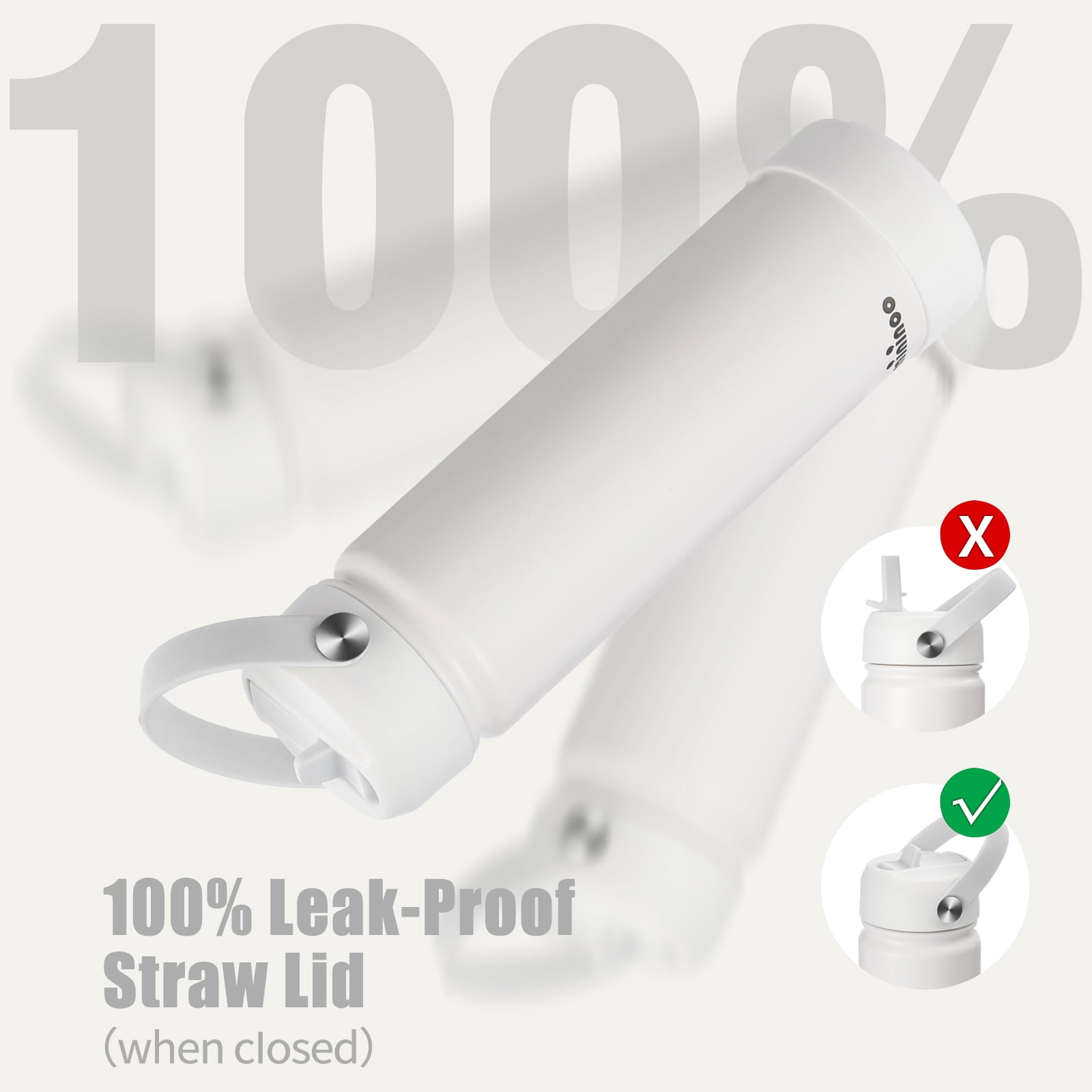Mininoo 24 oz Insulated Stainless Steel Water Bottle with Straw Lid, Ceramic-Lined, BPA-Free, White
