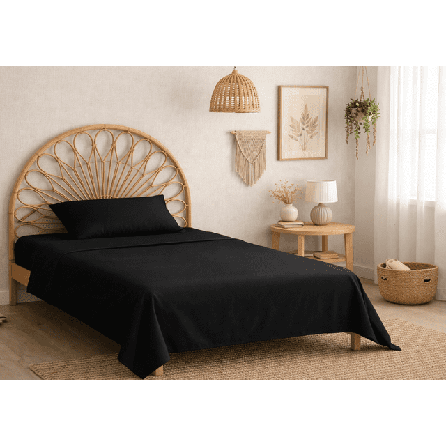 Juego De Sabanas Microfibra Soft Colores Lisos Individual Negro Liso Sólido