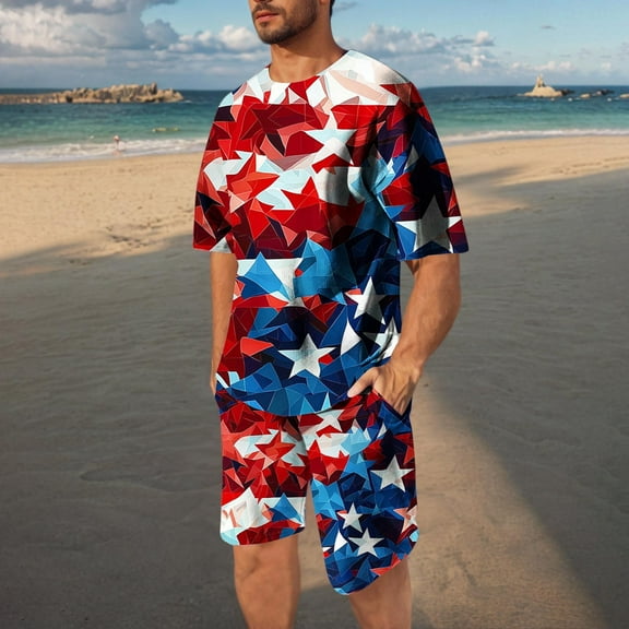 Mens Matching Shirt and Shorts Set Short Sets for Men 4th of July Shorts Set Mens Independence Day Short Set Men Casual Round Neck Printing Short Sleeve Blouse and Shorts Pants Suit