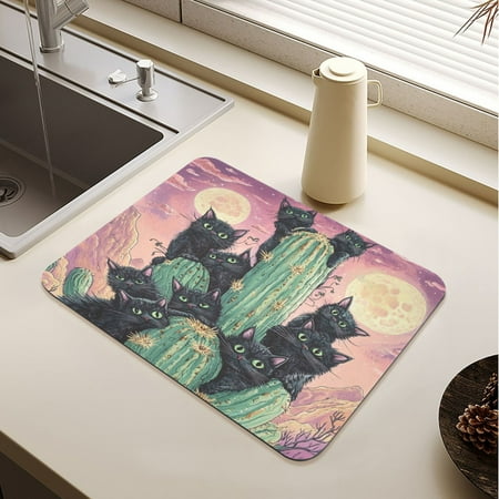 

Black Cat with Cactus Drying Mat Diatomaceous Earth Super Absorbent Non-slip Rubber Sole Heat Resistant 230 Degrees Fahrenheit 15.7×11.8in