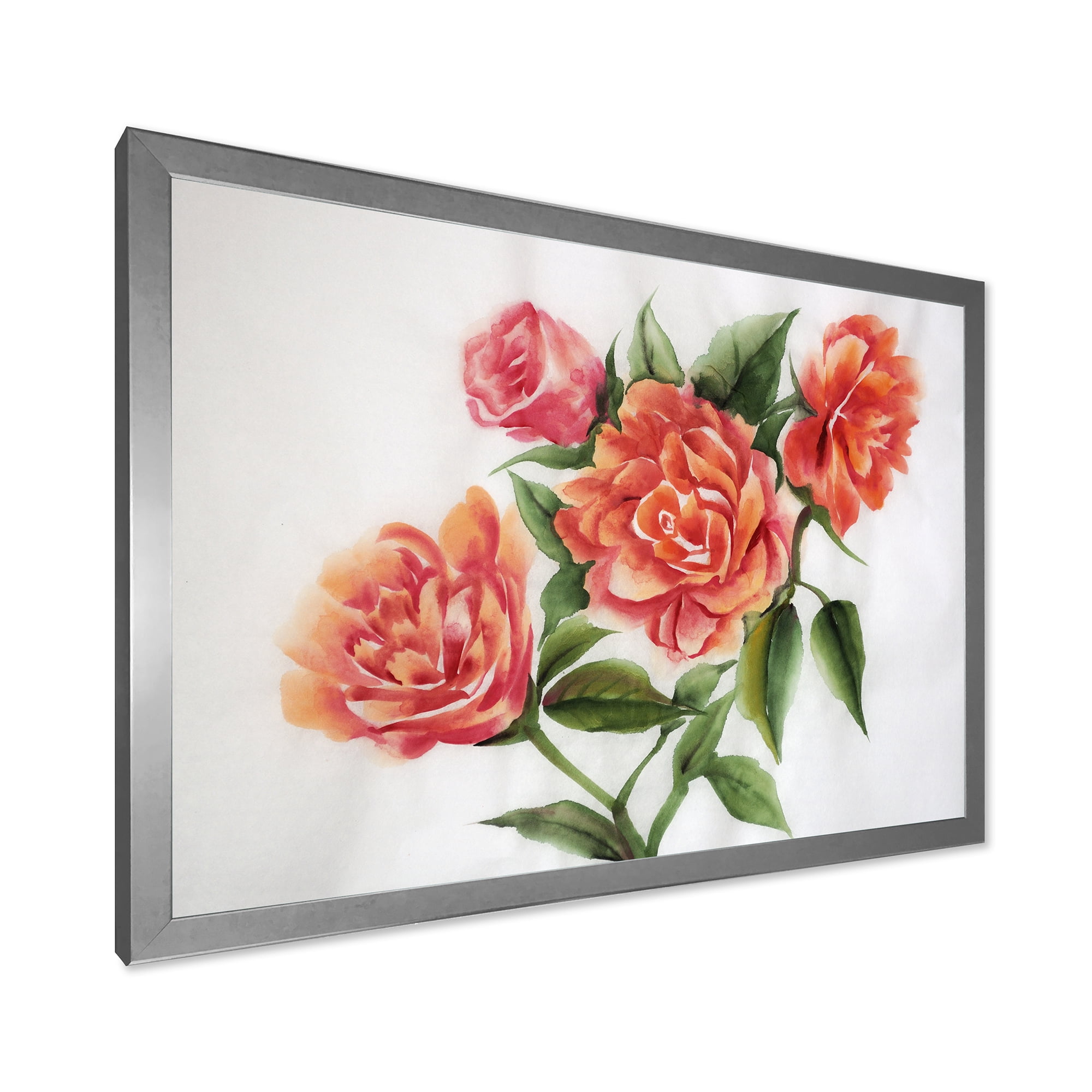 Designart 'Orange VIntage Roses With Green Leaves' Traditional Framed Art Print