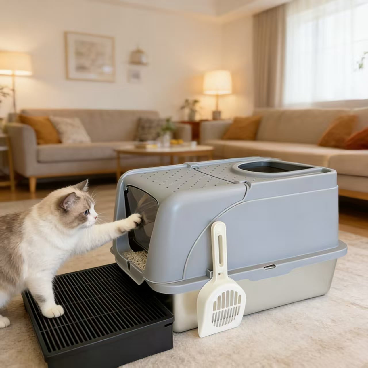 Large Enclosed Cat Litter Box with Integrated Tracking Mat, Dual Entry Hooded Cat Potty with Scoop, High Side Anti-Splashing Litter House for Odor Control, Gray