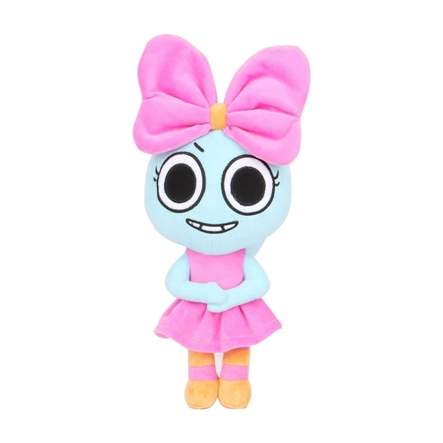dandy's world plush - 10" poppy plushies toy for fans gift, vista frontal de peluche Poppy de 10" con lazo rosa grande, cabeza y brazos azul claro, ojos bordados negros y blancos, sonrisa cosida, vestido rosa y zapatos amarillos sobre fondo blanco; ideal para regalar y como compañero de cama.