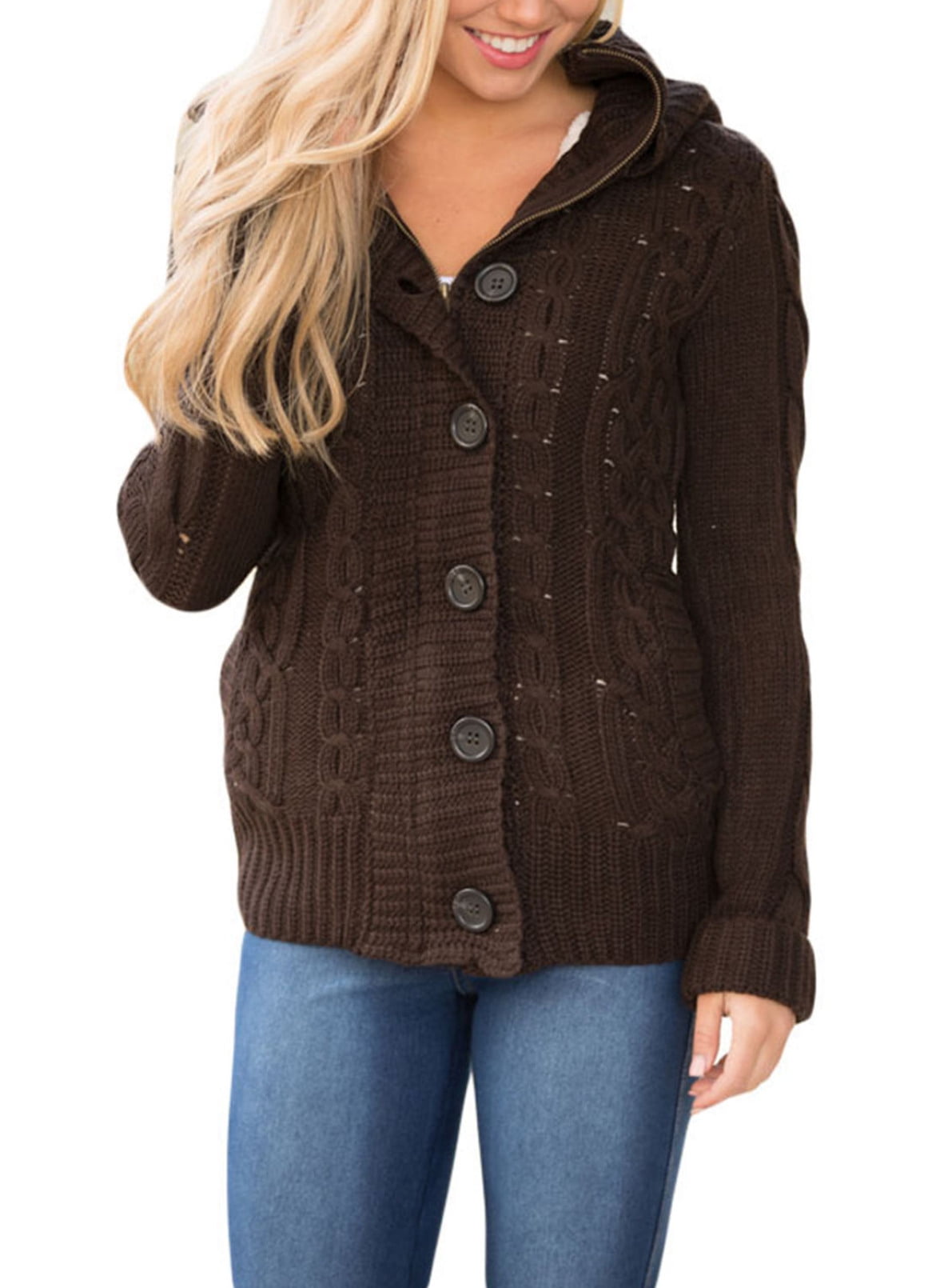 women's cable knit hooded cardigan
