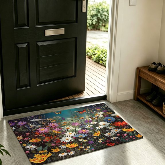 Front Door Mat Indoor Outdoor Watercolor Flower Baskets Butterflies Bushes Non-Slip Doormat Low Profile Patio Porch Entryway Rug 16x24in Floral Leaf