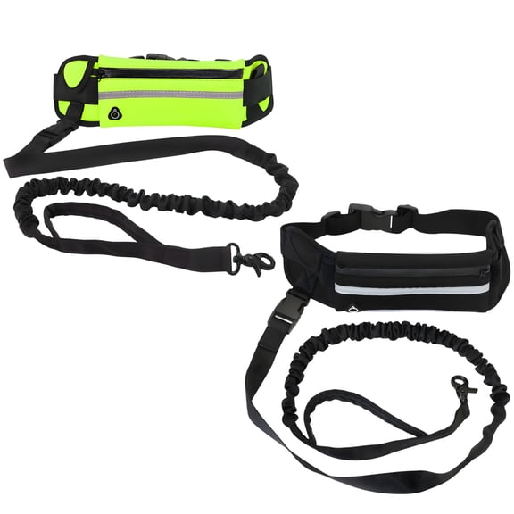 2 Pcs Hands Free Dog Leash Set, Reflective Bungee Leash with Adjustable Waist Belt, Dual Color Dog Running Leash with Zipper Pouch, 49.2 in / 125 cm, Black & Fluorescent Yellow