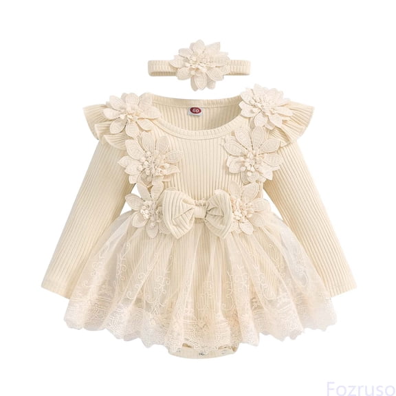 Fozruso Girls Long Sleeve Floral Romper Lace Bodysuits Dress Headbands Set Cute Girls Rompers Sizes 9-12 Months