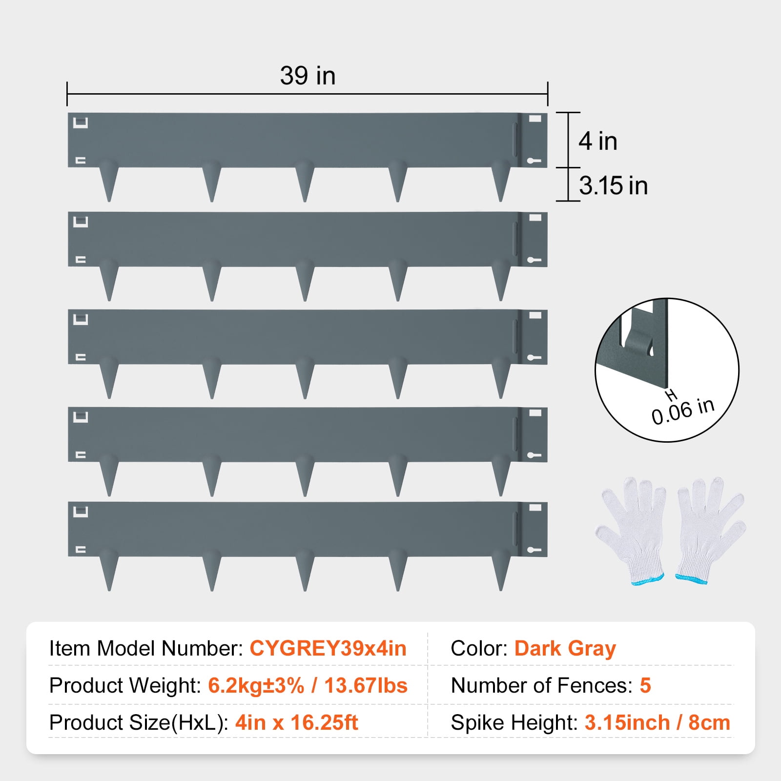 KFFKFF 5 PCS Metal Landscape Edging 39" L x 4" H Steel Garden Border 3.15" Spike Length Flexible Hammer-In Outdoor Landscaping Edge for Lawn, Garden, Walkway, Yard (Dark Grey)