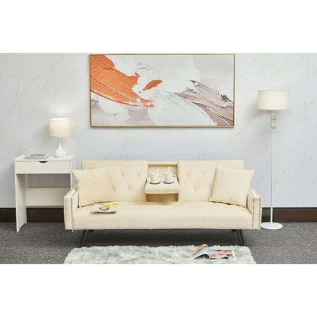 Holaki 72" Velvet Tufted Sofa Bed Armrest with Nail Head Trim and Two Cup Holders for Apartment, Beige