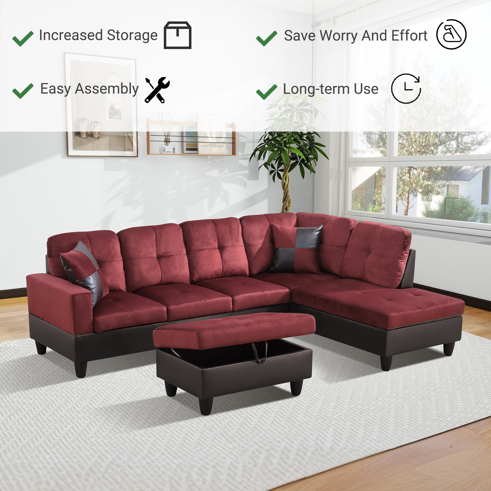 Flannel and PVC Storage Ottoman for Living Room