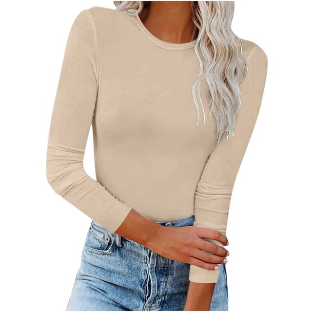 Qertyioot T-Shirt Basique Ajusté Extensible à Manches Longues Mode Automne pour Femmes Blouse Unie