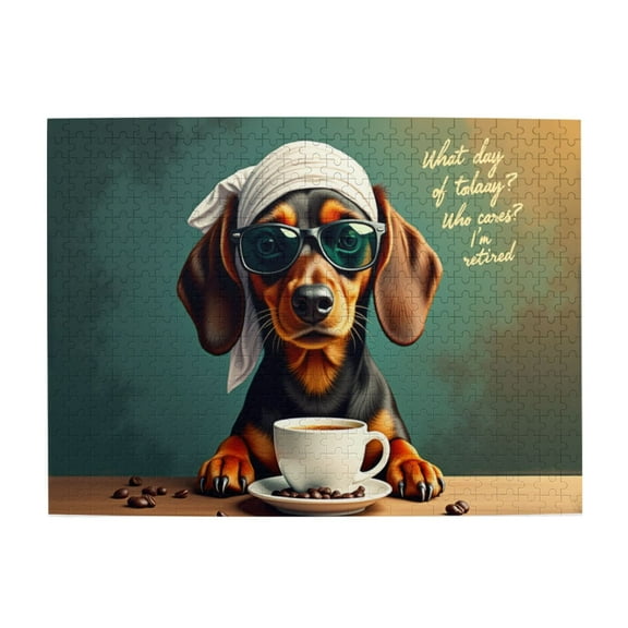 500 Piece Jigsaw Puzzle For Adults Cool Dachshund With Coffee Dachshund Coffee Sunglasses Retired Fun And Challenging Adult Puzzle Unique Artwork Great Gift Idea. 20.5X15In