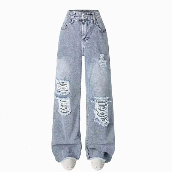TTUHYWXI Girls Ripped Jeans 5-15Y Elastic Mid-Waist Baggy Wide Leg Denim Pants Y2K Streetwear, Trendy Clothes for Teens (Blue,7-8 Years)