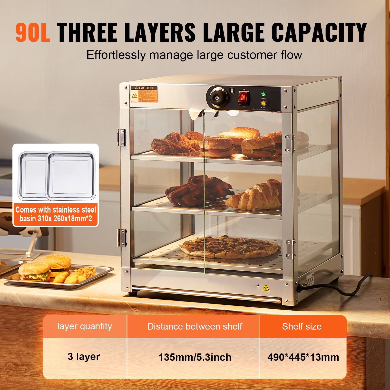 KFFKFF 3-Level Food Heating Showcase, 800W with Illumination for Improved Presentation, Adjustable Heat from 86℉ to 185℉, Spacious 90L Interior for Various Food