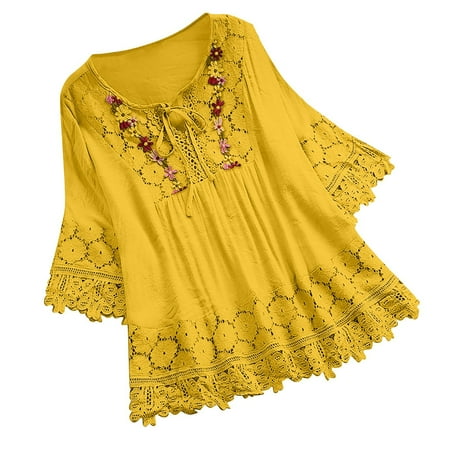 Womens Summer Tops  Solid Color Cotton Linen 3/4 Sleeved Lace Embroidered Retro Boho Tie Front Round Neck Eyelet Top Plus Size Corset For Women Y2K Clothes Tank Top Workout (XXL  Yellow) ZMTing