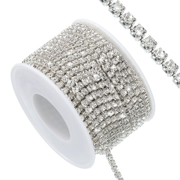 Uxcell 11 Yard Crystal Rhinestone Close Chain Trim,Crystal Rhinestone Diamond Strips forDIY, Silver Rhinestone with Silver Base