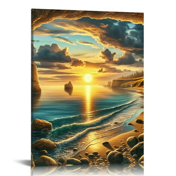 EastSmooth X0775 Wall Art Decor Canvas Print Picture Sunset Over The Rocks in California 1 Panel Sea Ocean Waves Artwork for Office Bedroom Home Decoration Stretched and Framed Ready to Hang