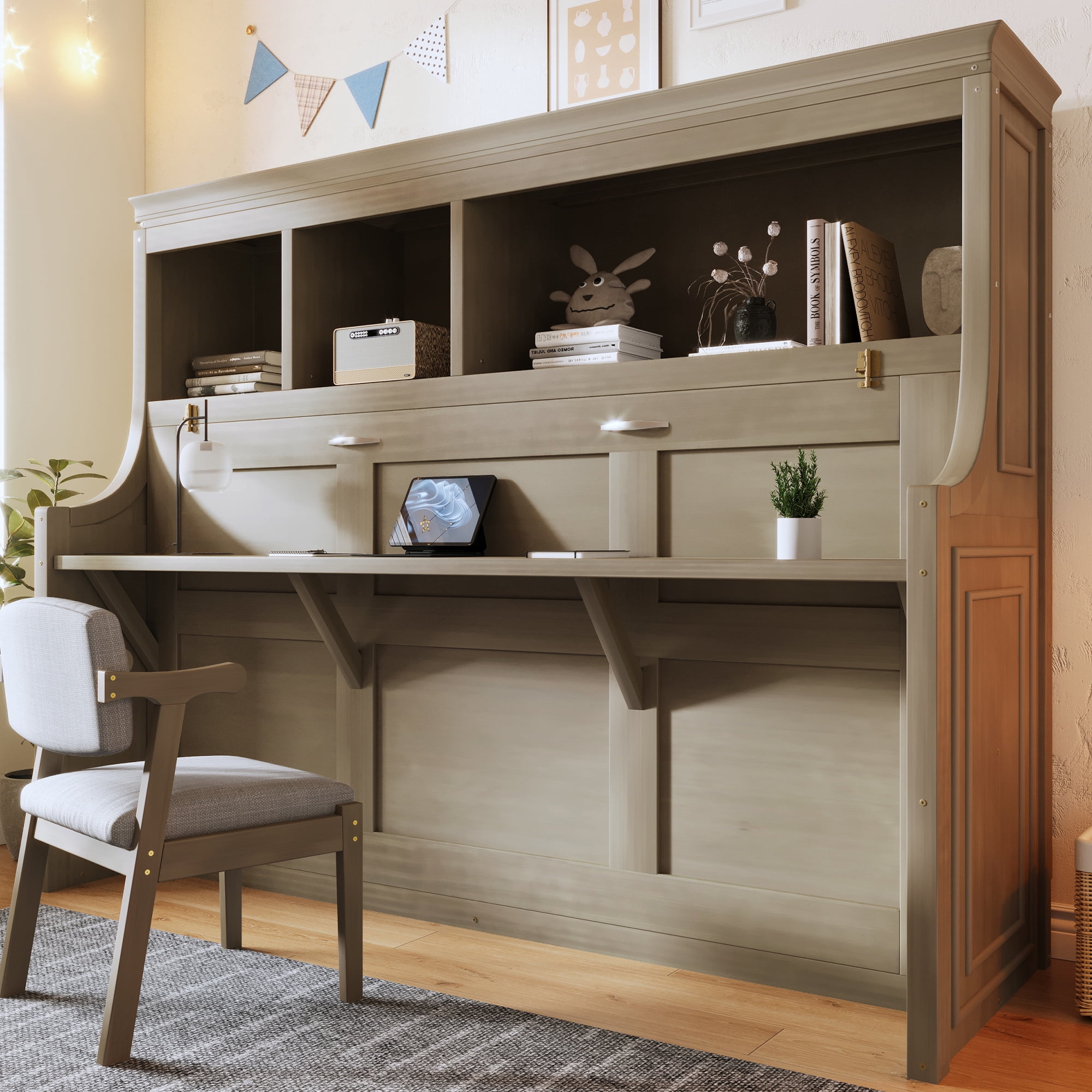 Euroco Twin Size Murphy Bed with Desk and Shelves, Convertible Wall Bed with Cabinets, Grey Wash