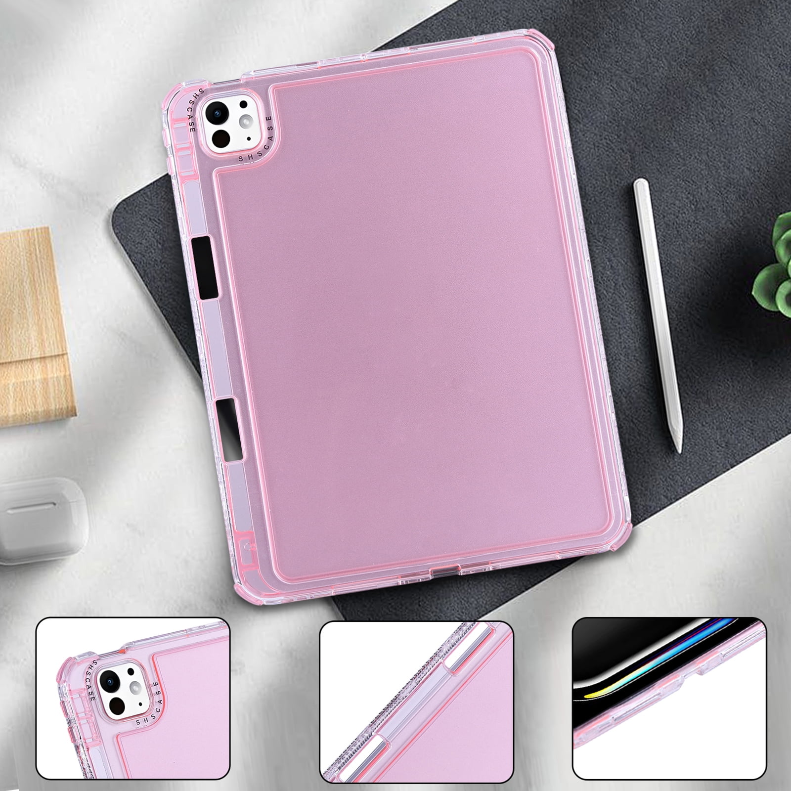Dteck for iPad Air 13 Inch Case (M3/M2-2025/2024), iPad Pro 13 (2024) Case, iPad Pro 12.9 Inch Case (2022-2018),Hybrid Shockproof Translucent Protective Cover with Built-in Pencil Holder,Pink