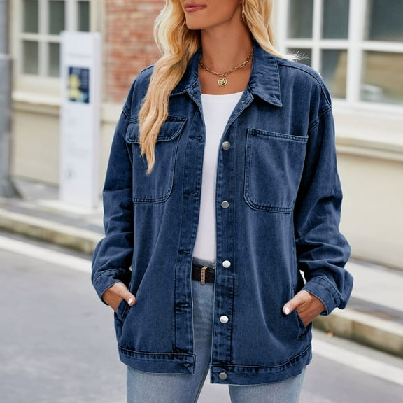 Women's Vintage Denim Jacket Lightweight Washed Blue Jean Coat Distressed Long Sleeve Oversized Jacket Women Lined Jacket Women Stretch Denim Vest Junior Jackets Denim Jacket with Pockets Women's Jean