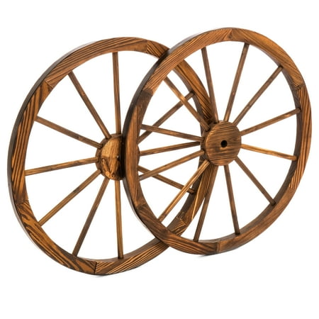 Wooden Wall Best Choice Products 30-inch Set of 2 Decorative Wall Accent Old Western Wooden Garden Wagon Wheel w/ Steel Rims, Stained Finish, Brown ()