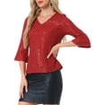 thumbnail image 4 of Top de lentejuelas INSPIRE CHIC para mujer, con mangas de campana 3/4, escote en V, metálico, brillante y con glitter, blusa de fiesta XS roja, 4 of 6
