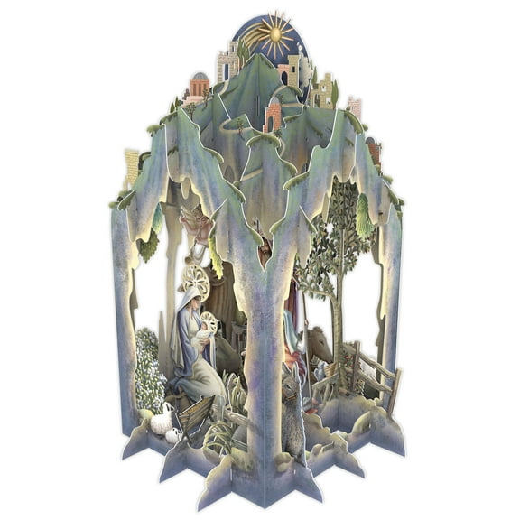 Me & McQ Lantern Shaped Nativity Scene Below Bethlehem Landscape 3D Pop Up Laser Cut Christmas Card